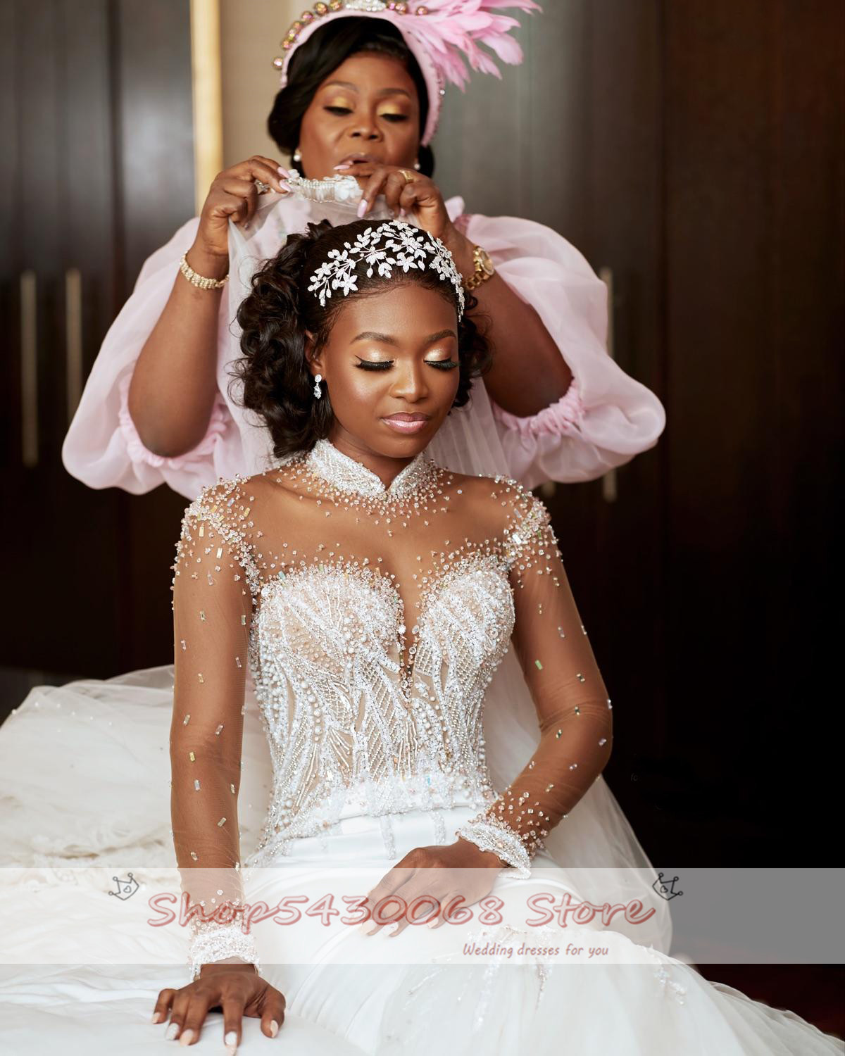 2021 New Fashion Mermaid Wedding Dresses High Neck Long Sleeve Sweep Train Beads Women Bridal Gowns vestidos de novia