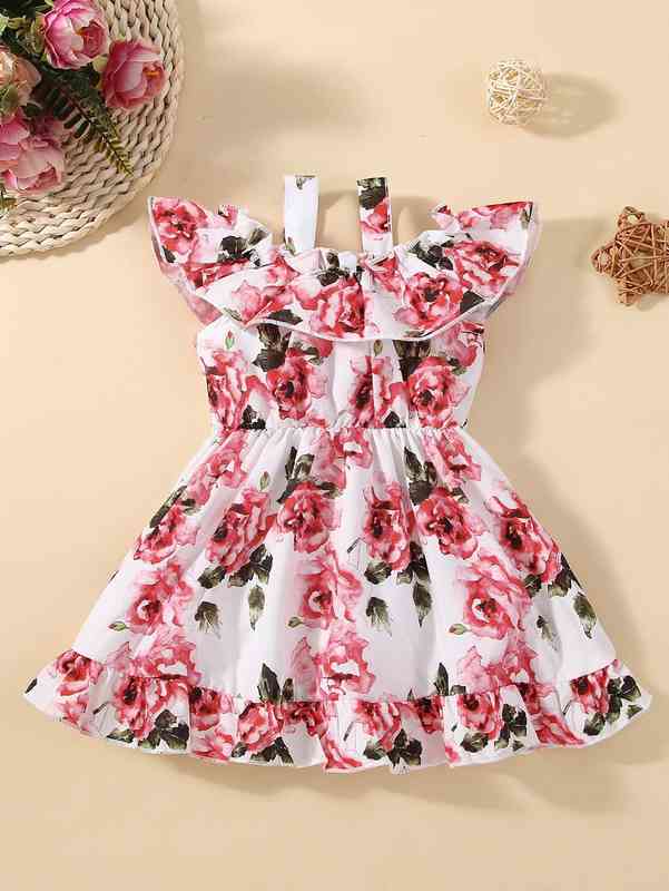 Baby Allover Floral Print Frill Trim Cold Shoulder Ruffle Hem Dress SHE