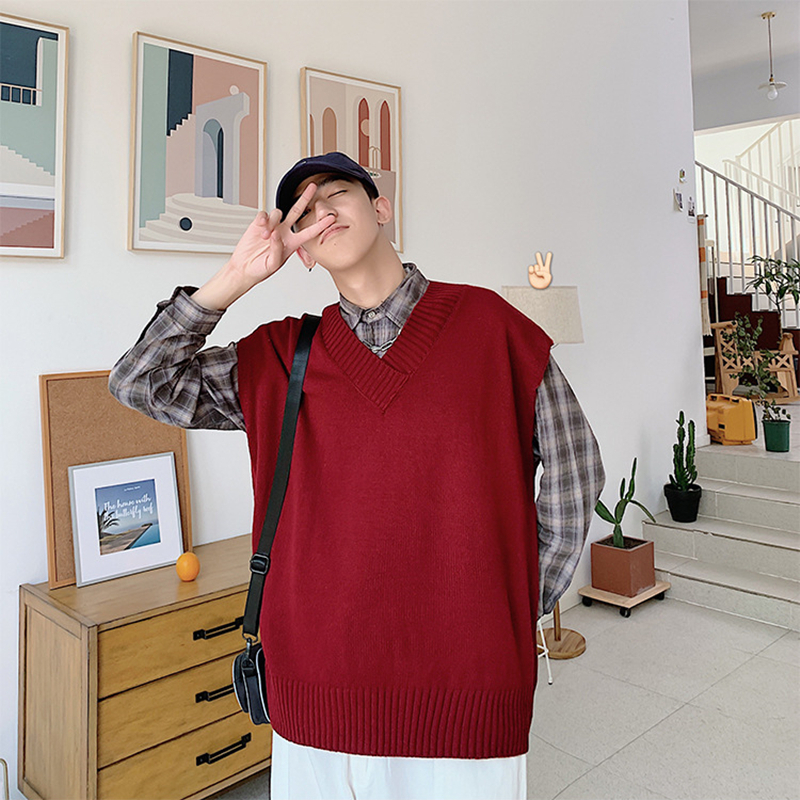 New Men Clothes Sweater male ins Korean style vneck jacket Solid Casual student Beige khaki Loose sleeveless sweater vest men 201125