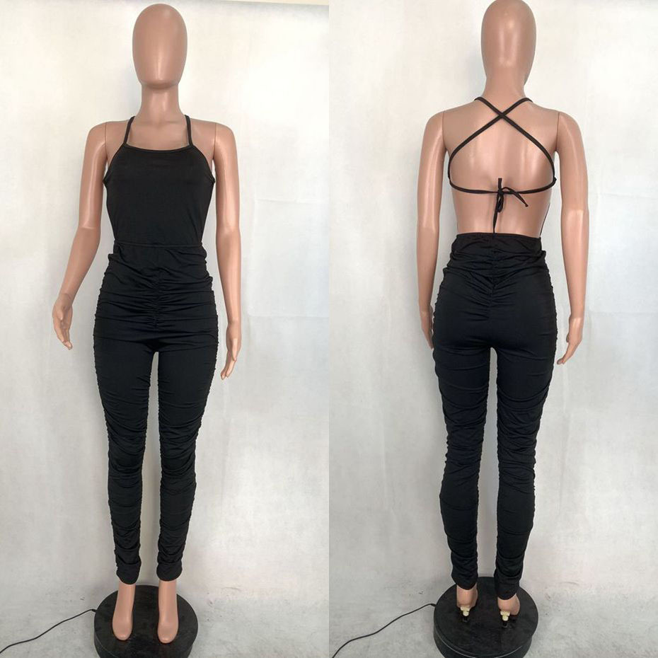 HAOYUAN Sexy Ruched Bodycon Rompers Women Jumpsuit New Summer Clother One Peice Club Outfits Backleee Lace Up Body Overalls T200509