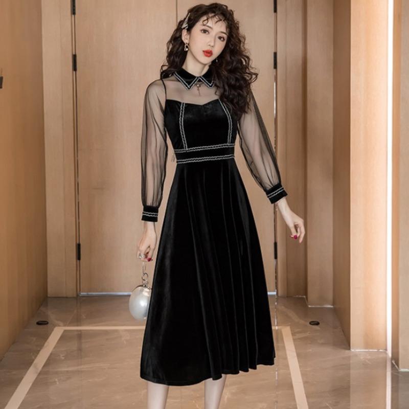 #5025 Black Midi Dress Women Hollow Out Mesh Long Sleeved A-line Dress High Waisted Velvet Dresses Ladies Vintage Lapel Collar
#5025 Black Midi Dress Women Hollow Out Mesh Long Sleeved A-line Dress High Waisted Velvet Dresses Ladies Vintage Lapel Collar