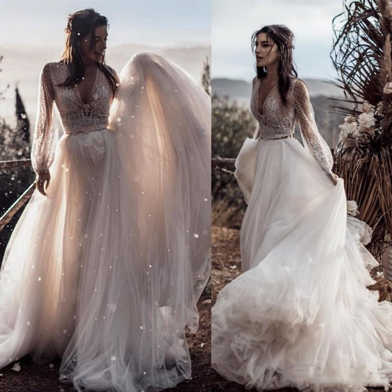 Two Piece Bohemian Dresses Puffy Tulle Skirt wy Boho Beach Wedding Dress Illusion Long Sleeve Country Bridal Gowns Newest