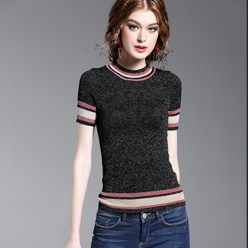 Glitter Knitted Women T Shirt Summer Tshirt Breathable Short Sleeves Top High Elasticity Striped Female T-Shirt T200512