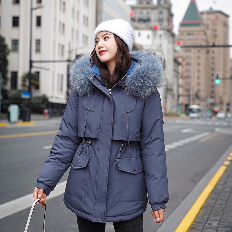 Fashion Warm Cotton Liner Short Hooded Down Coat Winter Women Casual Adjustable Waist Fur Collar Jacket Parka 201202