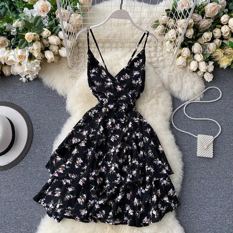New Summer Flower Print Spaghetti Strap Dress Female V Neck High Waist Sexy Dress Ladys Red Mini Dress T200603