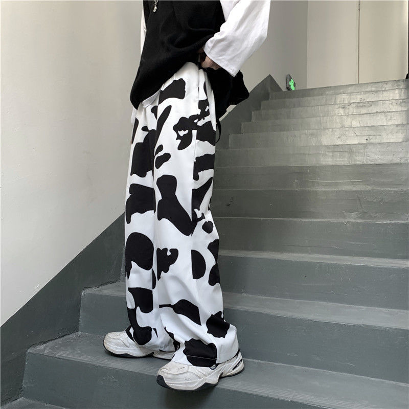 HOUZHOU Autumn Cow Print Pants Women Vintage Fashion Harajuku Palazzo Pants Loose Wide Leg Pants Straight Trousers Women Unisex 201106