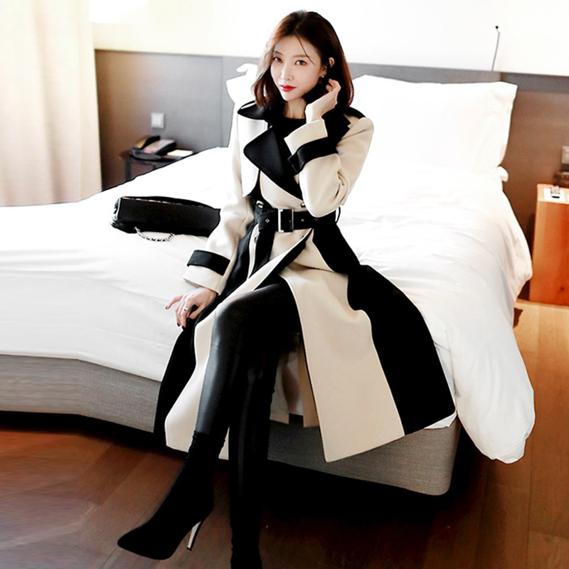 Women Elegant Long Wool Coat Winter Office Lady Double-Breasted Lapel Collar Belted Jacket Coats Female Woolen Outerwear 201030