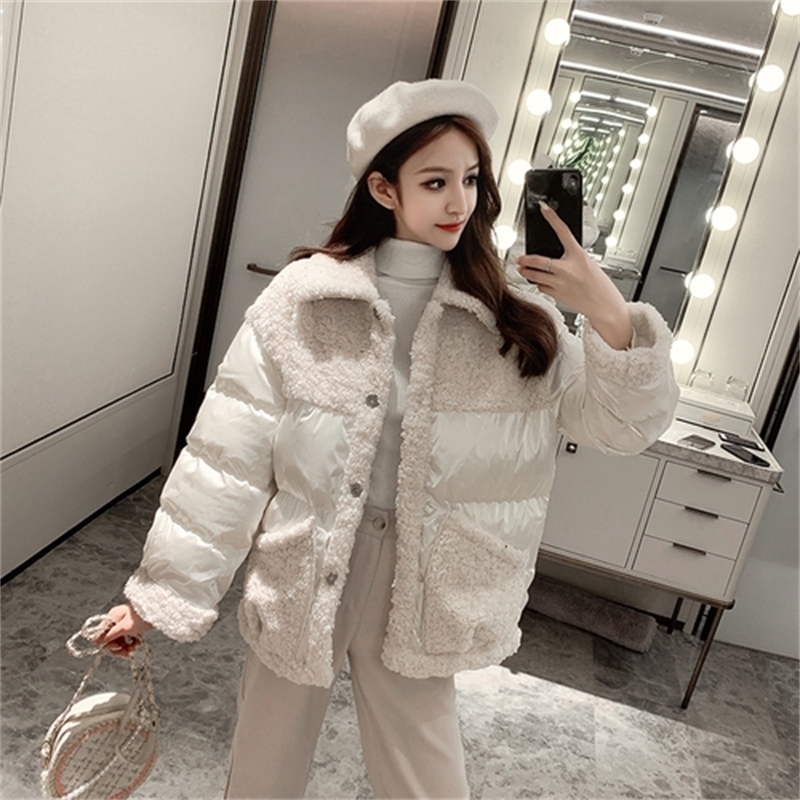FMFSSOM Autumn Winter Fuax Lamb Patchwork Turn-Down Collar Loose Women Female Lady Cotton Coat Jacket Outerwear 201019