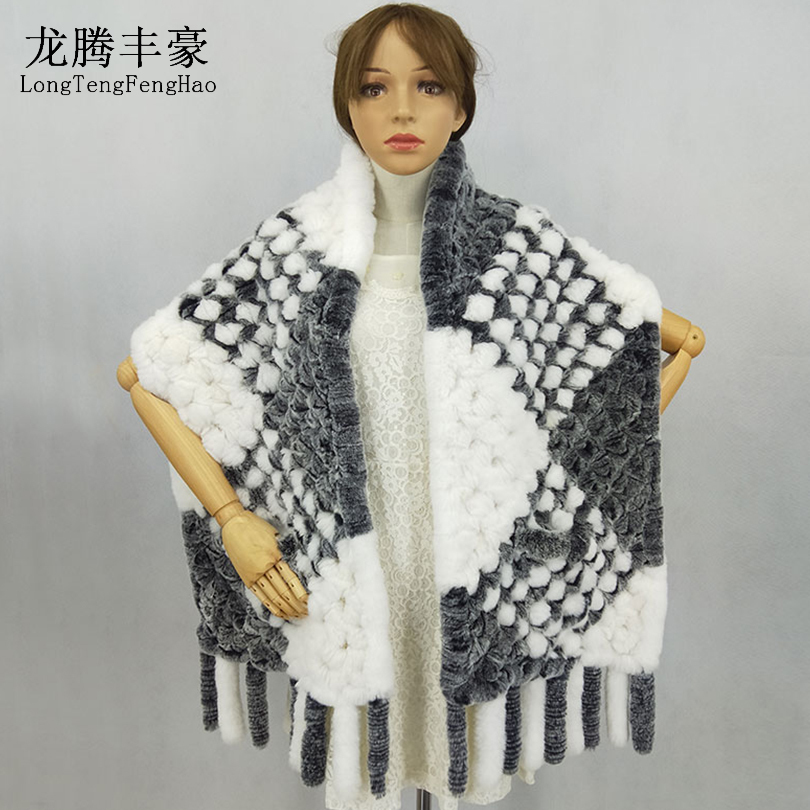 Winter Knitted Real Rex Rabbit Fur Scarf with Pocket Wide Women Natural Rabbit Fur Tassel Shawl Warm Long Fur Scarves LJ201111