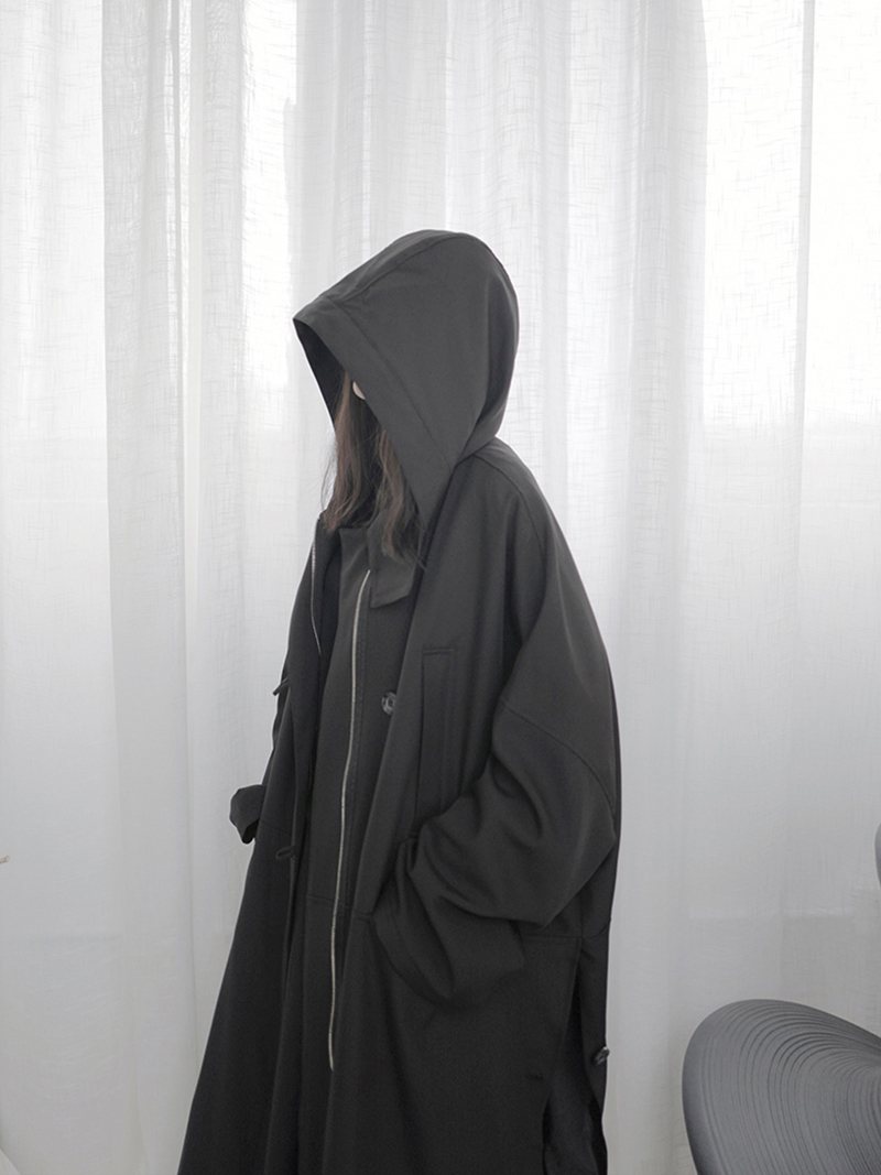 EAM Loose Fit Black Vent Split Joint Big Size Long Jacket Hooded Sleeve Women Coat Fashion Spring 1S662 201017