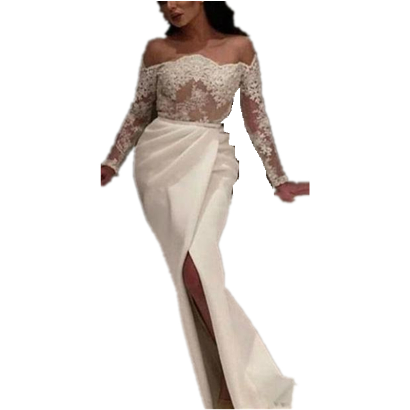 Sexy Split Front Long Prom Dresses 2022 Appliques Lace Off Shoulder Long Sleeve Arabic Dubai Ivory Formal Evening Gowns Reception Party Wear