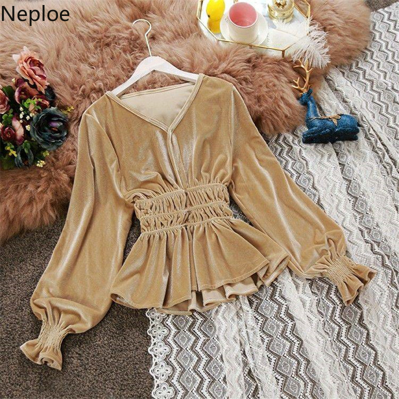 Neploe V-neck Ruffles Blouses Women Tops Long Sleeve Female Shirt Solid Color Korean Clothes Lantern Sleeve Elegant Blusas T200321