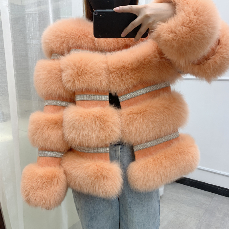 BFFUR Winter New Real Fur Coat Women Genuine Fur Jacket Splicing Cashmere Woolen Fur Coats With Crystal Diamonds 201016