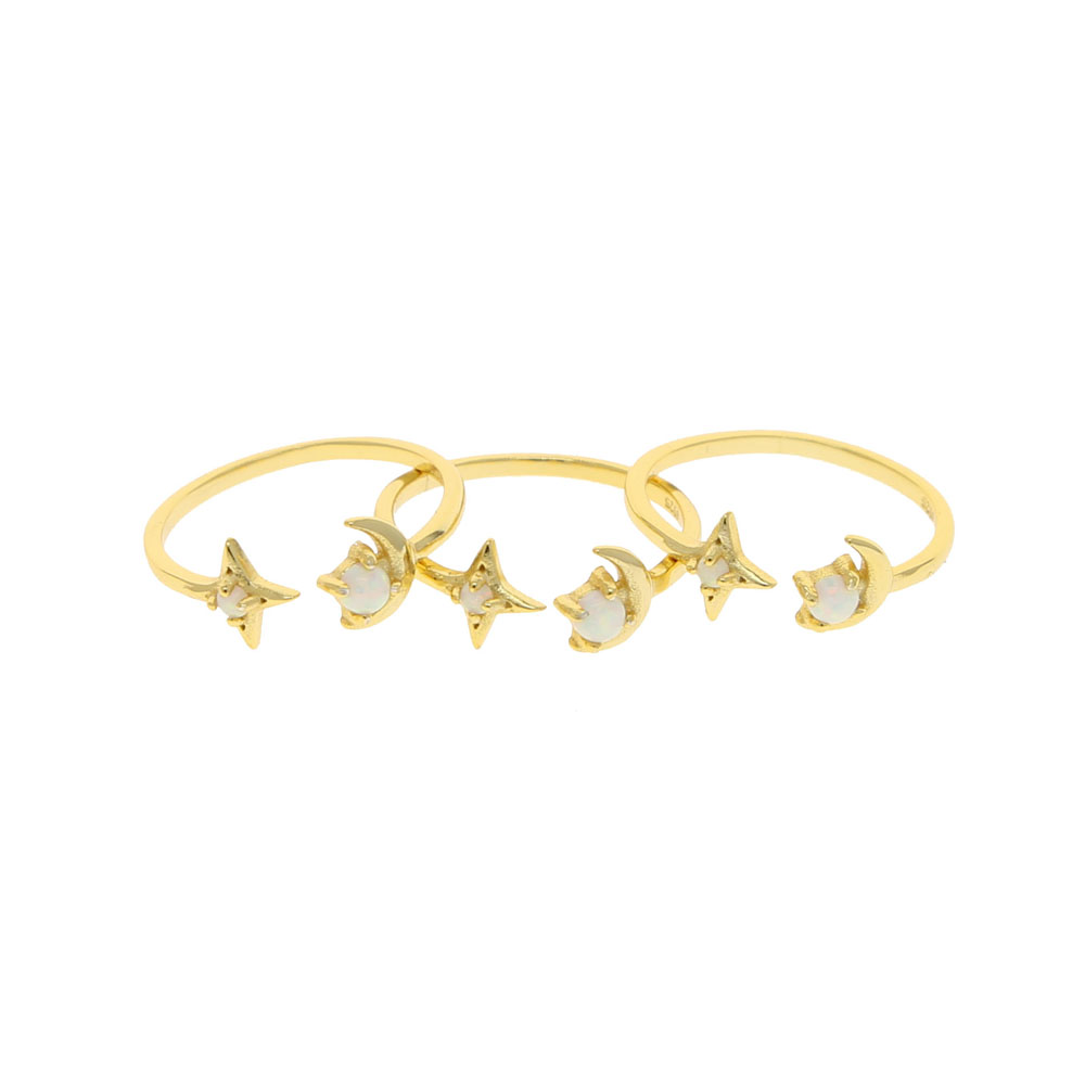 Wholesale Real 925 Sterling Silver Cute Moon Star Adjust Finger Ring with Tiny Band Open Ring Set White Opal Silver Fine Gold Jewelry