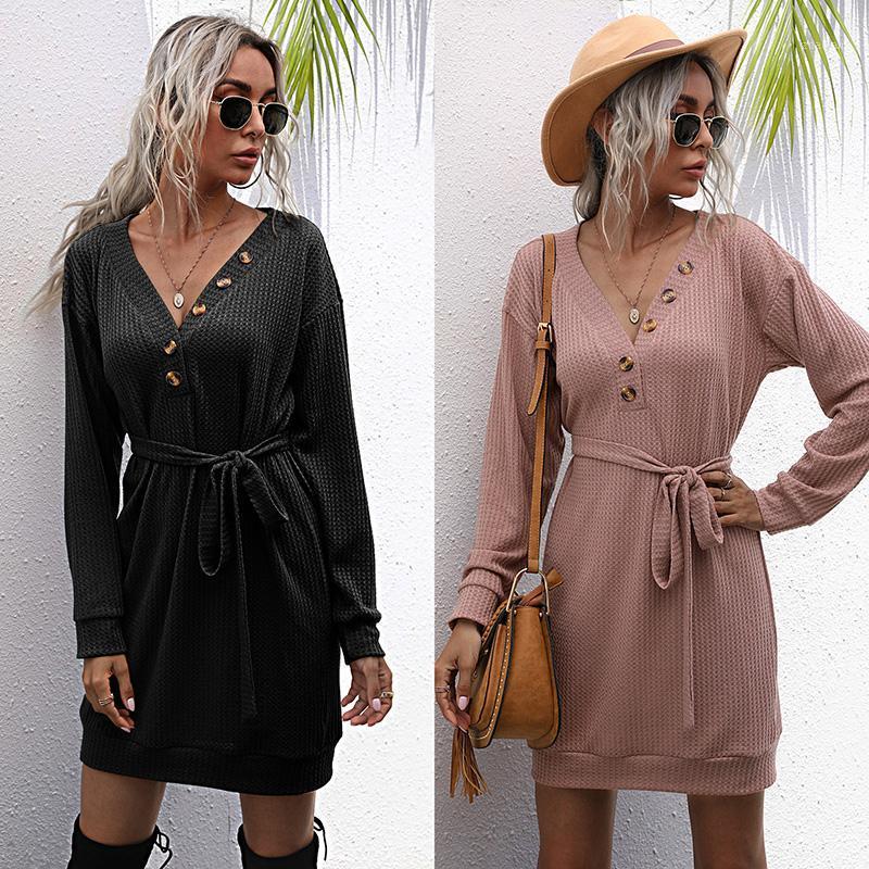 2020 Europe And The United States Pure Color Casual Dress Women Autumn New Slim Waist tie V-Neck A-Line Skirt1, Black
2020 Europe And The United States Pure Color Casual Dress Women Autumn New Slim Waist tie V-Neck A-Line Skirt1, Black