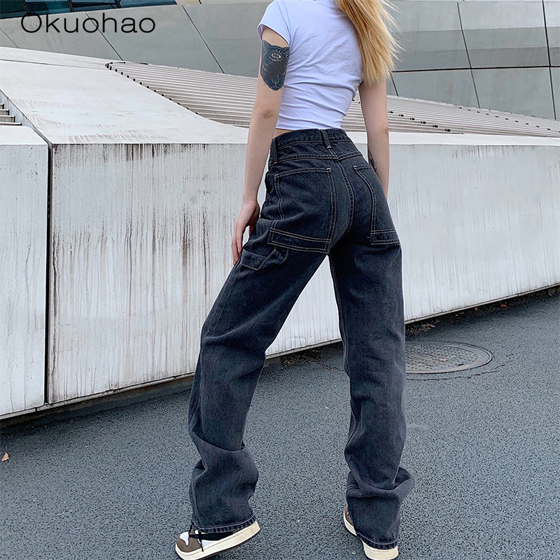 Street High Waist Straight Jeans Women Were Thin And Loose Casual Wide Leg Pants Fashion Boyfriend Style Denim Girlfriend Pants 201029
