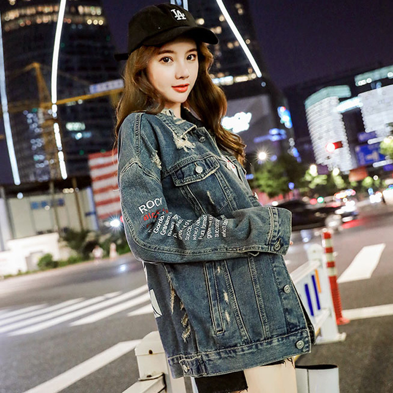 ins women coat autumn red fashion Korean style pocket letter print casual loose denim jackets female mujer bomber jacket 201017