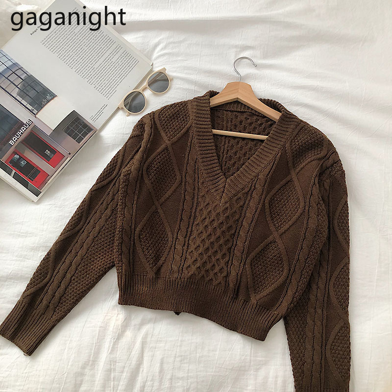 Gaganight Knitted Women Autumn Winter Sweater Cropped Pullover Lace Up Fashion Sweaters Lady Chic Slim Casual Pull Femme Casual 201017