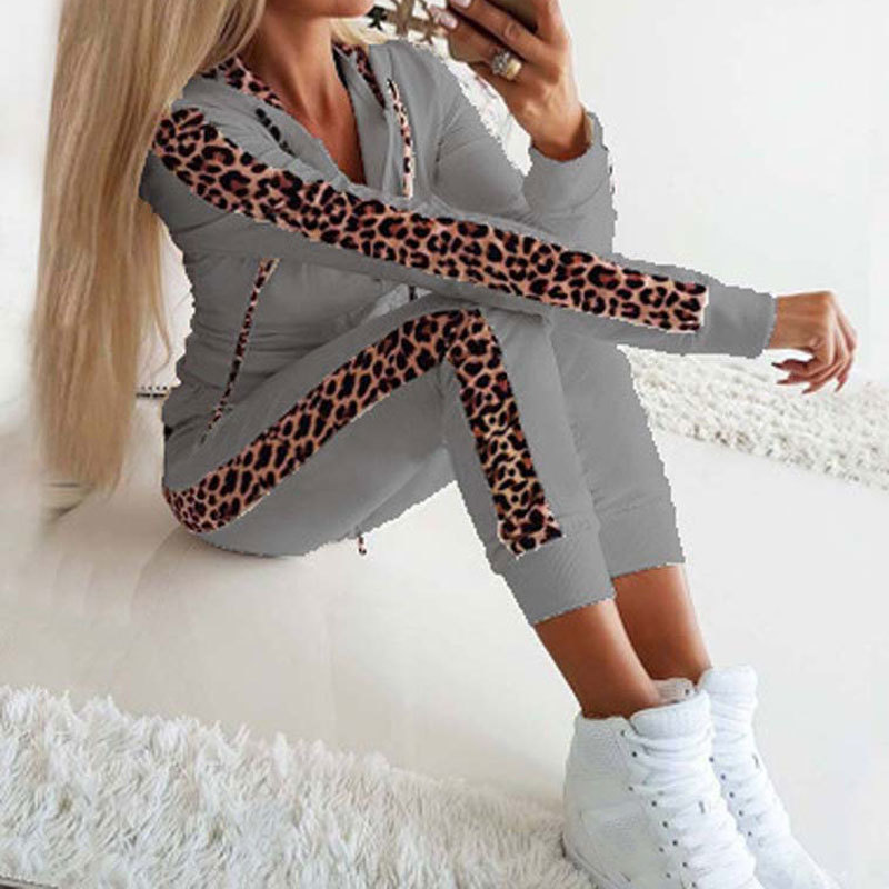 Autumn Winter 2 Piece Set Women Leopard Women Suits Warm Thicken Plus Tracksuit Pant Suit Sweat Suit Female 201007