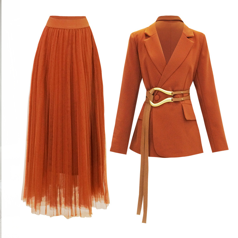 Two Piece Fashion Suit Prom Dresses Newest Female Jacket Mesh Dresses With Modern Belt Goddess Workplace Formal Wear In Stock Fast Shipping