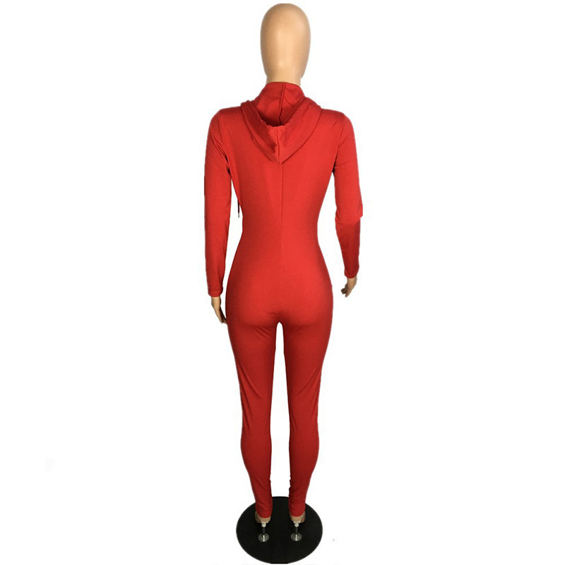 Front Zipper Sexy Rompers Womens Jumpsuit Black Red Long Sleeve Hooded Fitness Bodysuit Streetwear High Waist Club Party Overall T200509