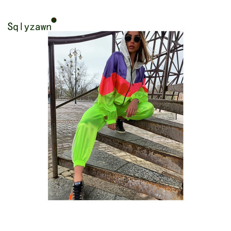 Neon Patchwork Sportwear Women Two Piece Outfits Hooded Long Sleeve Jacket Top + Pants Streetwear Tracksuit Women Matching Sets 201119