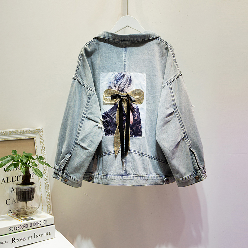 Jvcake Plus Size Women's Loose Denim Jacket Thin Section Fashion Decal Embroidery Pattern Lapel Blue Summer Denim Coat 5XL 201029
