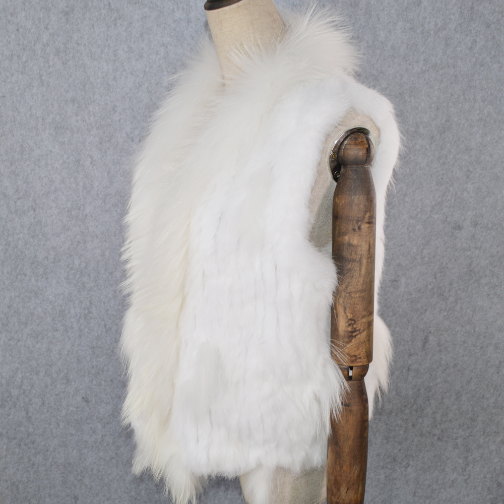 Party Women Real Rabbit Fur Vest Knitted Tassels Real Genuine Rabbit Fur Gilet Real Raccoon Fur Collar Waistcoat 201016