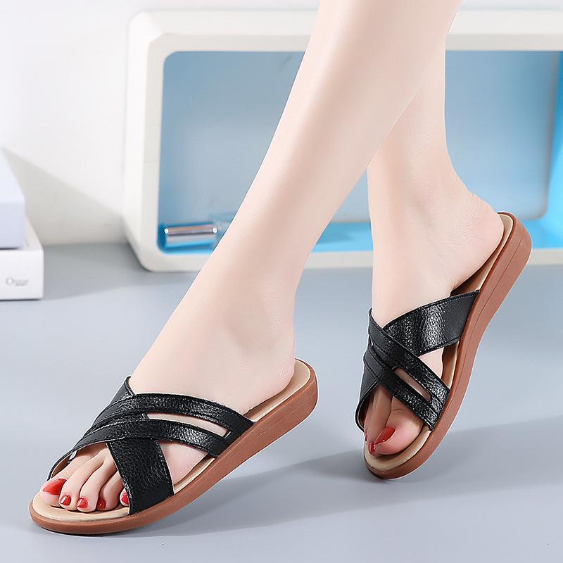 Cross Leather Slides Women Casual Shoes cowskin slippers Summer Shoes Woman Sandals Comfortable Flats Beige White Good Quality1