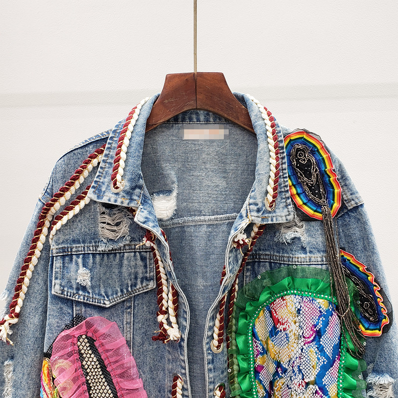 DEAT Autumn Winter Long Sleeve Turn Down Collar Vintage Holes Mesh Patchwork Blue Denim Jacket Women Coat Streetwear MJ999 201017