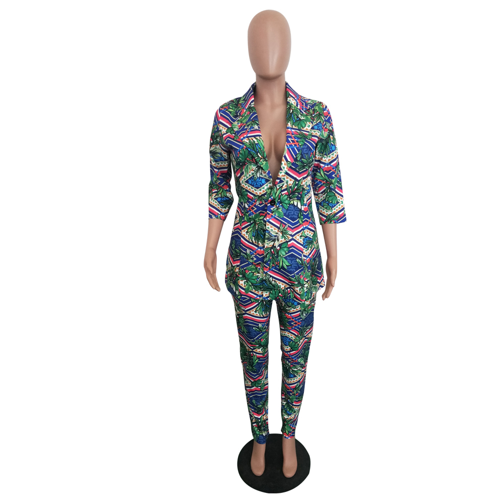 Winter Womens Set Tracksuit Full Sleeve Print Full Sleeve Blazers Pants Suit Two Piece Set Casual Office Lady Outfits K8863 T200818