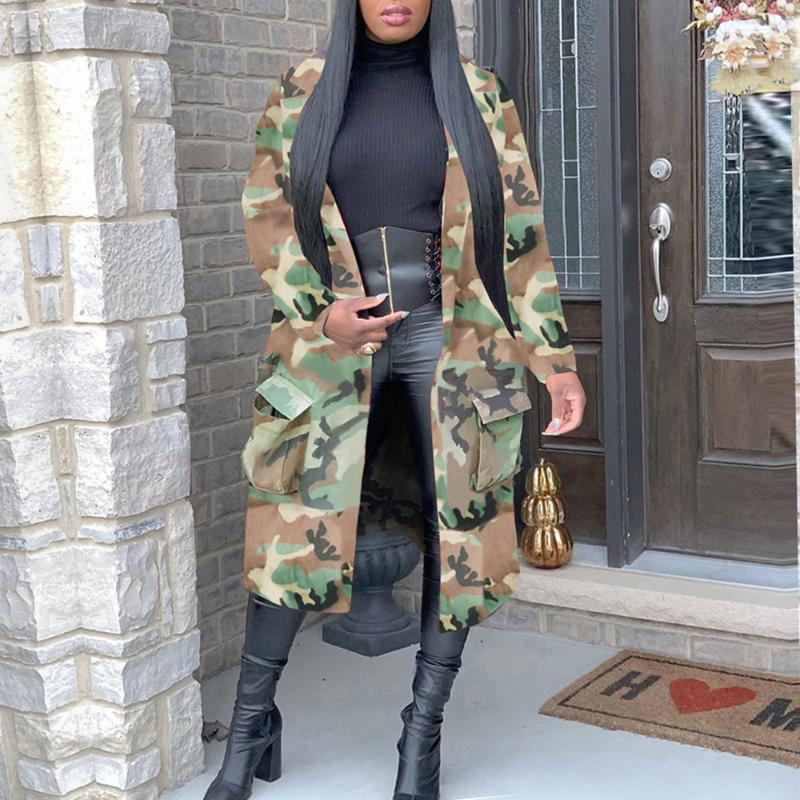 Women's Trench Coats Autumn 2022 Coat Camo Long Female Armygreen Print Outwear Clothing Woman Sleeve Abrigo Mujer B5