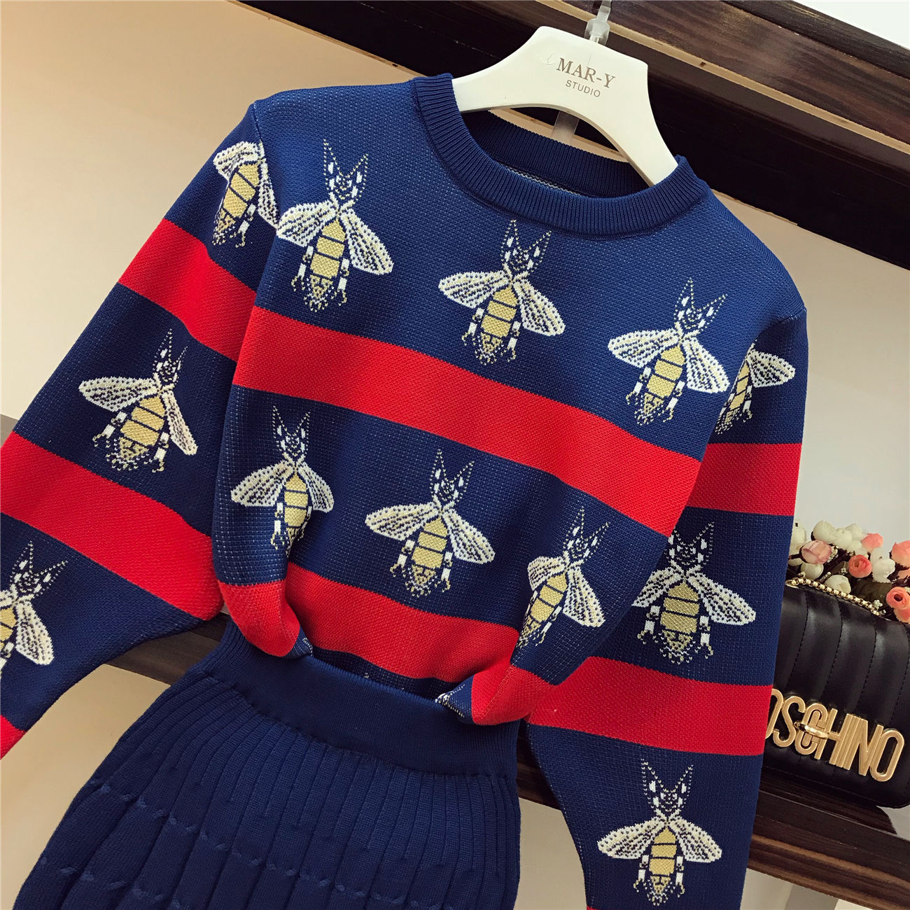 ALPHALMODA 2018 Bees Hit Striped Colored Women Knitted Sweater Skirt Suits OL Autumn Winter Vintage Fashion Clothing Sets