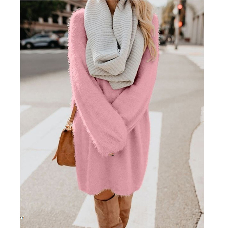 CINESSD Women Long Pullovers Sweater Solid O Neck Long Sleeve Casual Loose Plus Size Plush Woolen Soft Winter Pullover Sweaters 201222