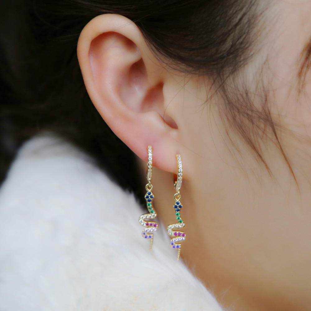 dangle dangling snake charm rainbow cz paved drop cz hoop elegance women earring sexy animal trendy Jewelry wholesale