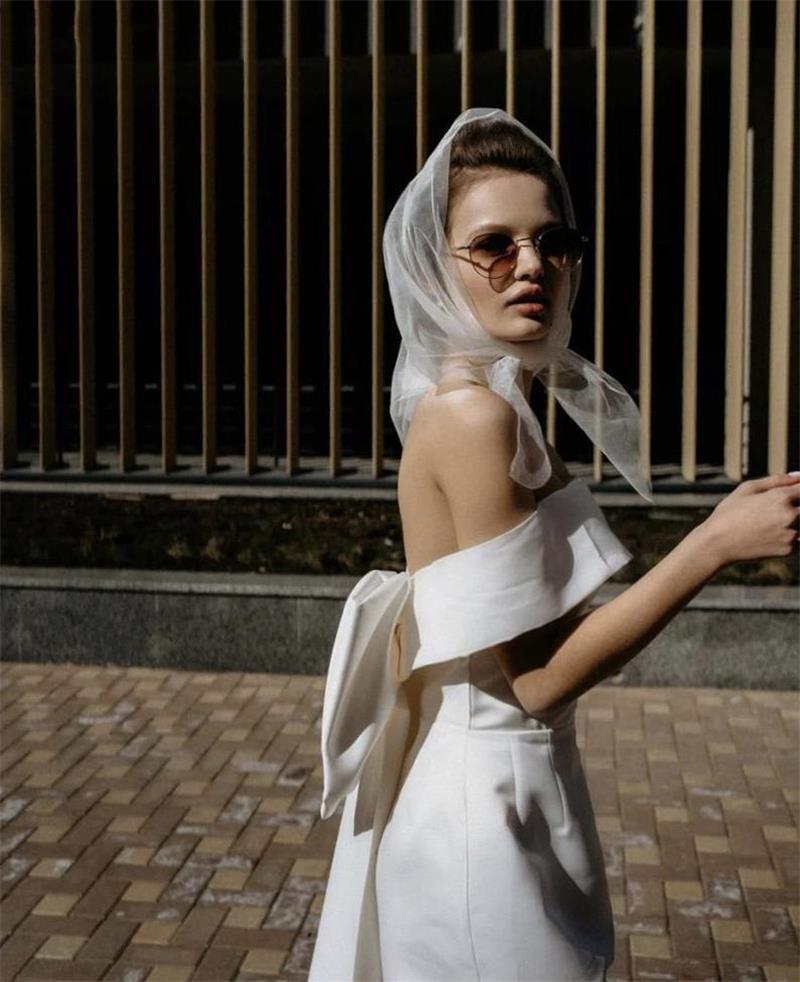 Bohemian Simple Short Sheath Wedding Dress With Big Bow Back Sexy Off Shoulder White Ivory Satin Bridal Gowns Outdoor Graden Beach Bride Dresses