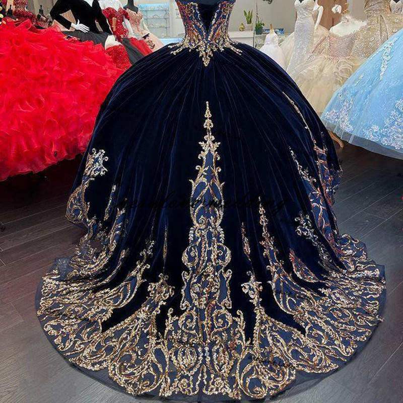 Navy Blue Velvet Princess Quinceanera Dress Ball Gown Sequins Lace Applique Vestido Mexicano Style Sweet 15 Prom Gown