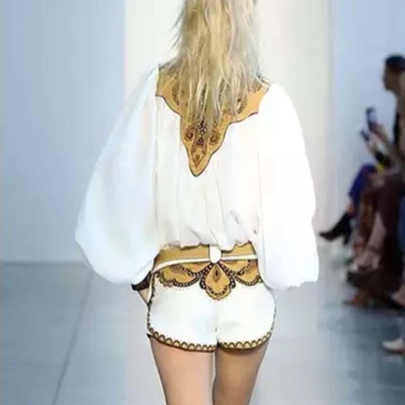 Miao Qing Summer Vintage Embroidery Women Two Piece Set Turndown Collar Outfit Long Lantern Sleeve Top And Short 2piece T200325