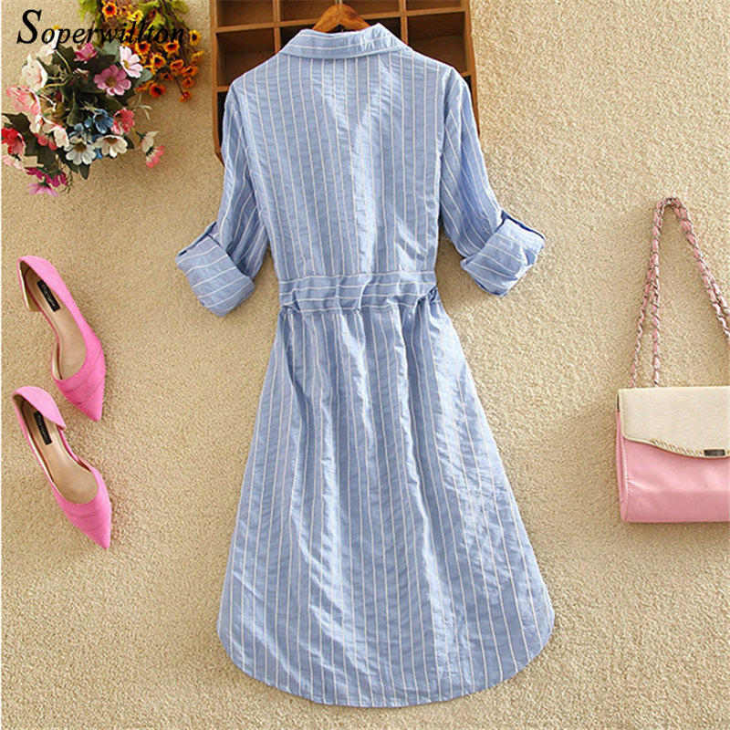 Striped Women Dress Tunic Long Sleeve Elegant Shirt Dress Blue White Black Autumn Ladies Casual Stripe Short Dress Lace Up T200117