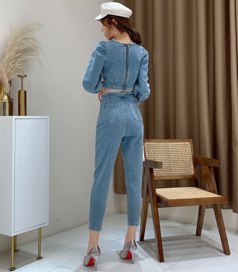 spring Sexy Denim Two Piece Set Women Fashion Round Neck 3/4 Sleeve Navel Top + High Waist Denim Pencil Pants 2 Piece sets 201119