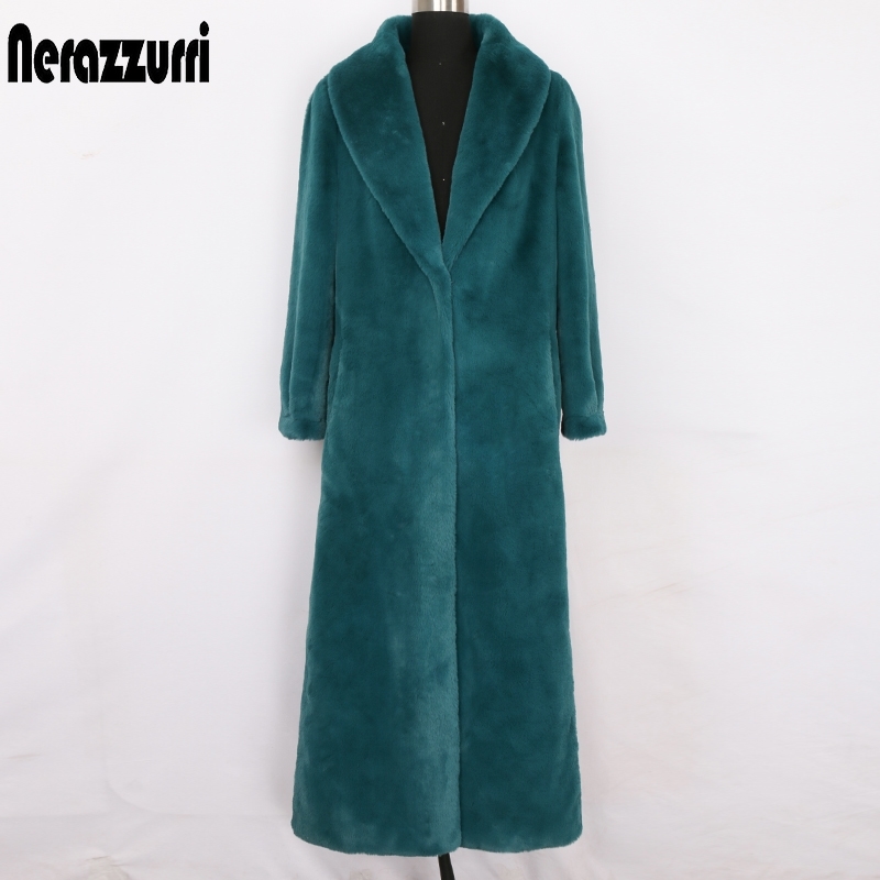 Nerazzurri Winter warm maxi faux fur coat women long sleeve shawl collar X-long fluffy furry overcoat Plus size fashion 7xl 201110