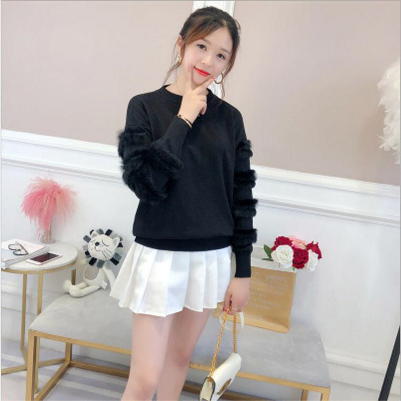 Autumn And Winter Women's Fashion Rabbit Fur Decorative Sleeve Sweater Solid Color Pullover Sweater Sweater 201222
