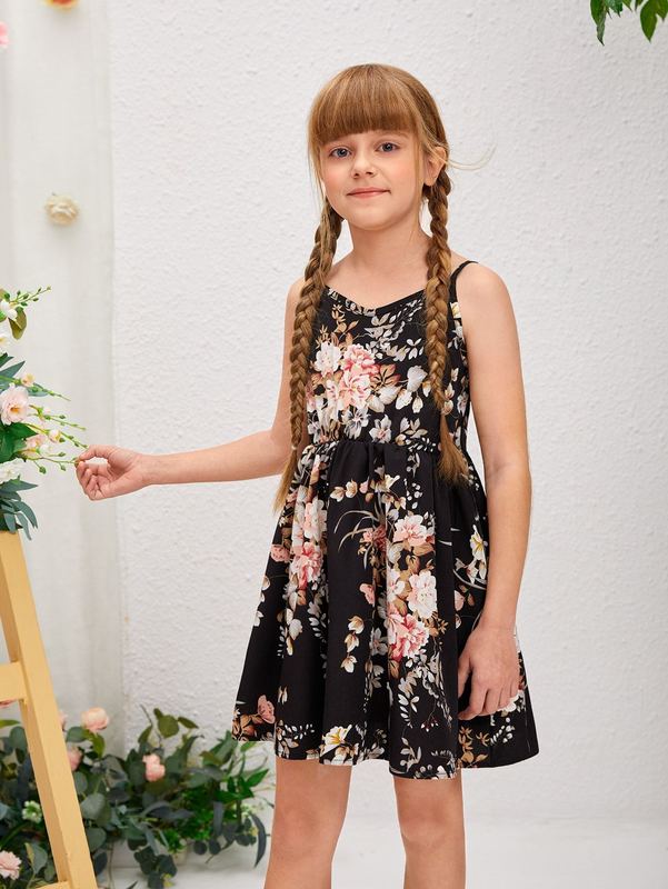 Girls High Waist Floral Print Cami Dress SHE