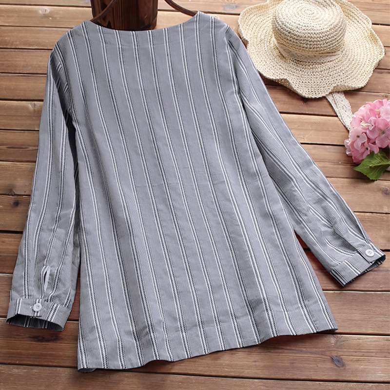 Women Blouse Ladies Autumn Long Sleeve Striped Shirts Casual Side Buttons Irregular Blouse V Neck Blusas Work Top Plus Size Y200930