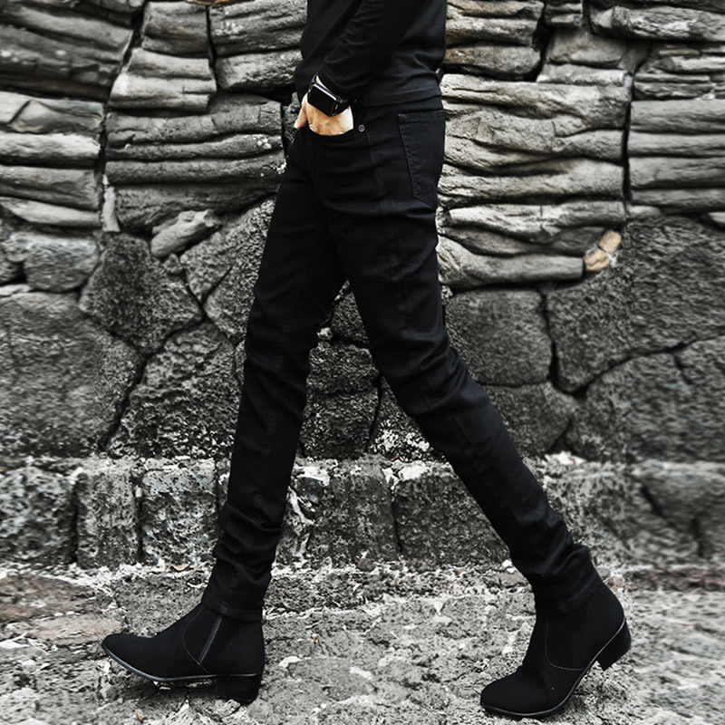 Autumn winter Fashion men's stretch plus velvet thicken jeans men's feet black Korean skinny pencil pants men's boots jeans 201128