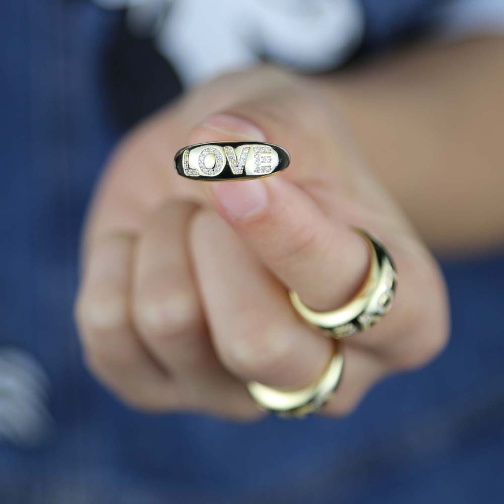 Wide Band Gold Color Wedding Ring with Cz Paved Letter Love Engraved Wholesale Women Open Band Finger Ring Adjustable Size