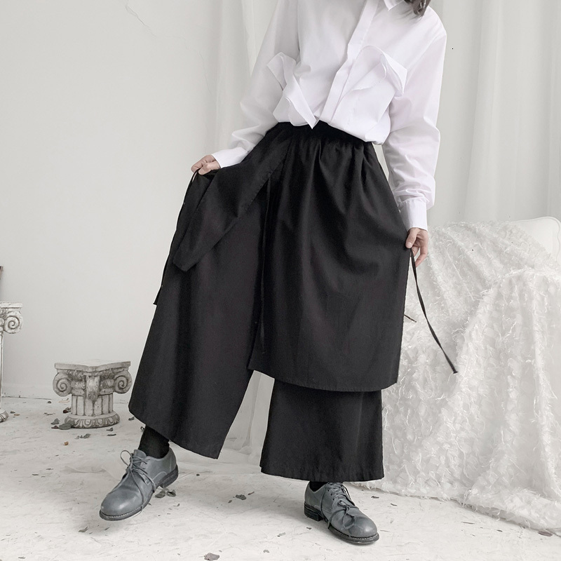 EAM High Elastic Waist Black Bandage Long Wide Leg Trousers Loose Fit Pants Women Fashion Spring Autumn 19A-a588 201228