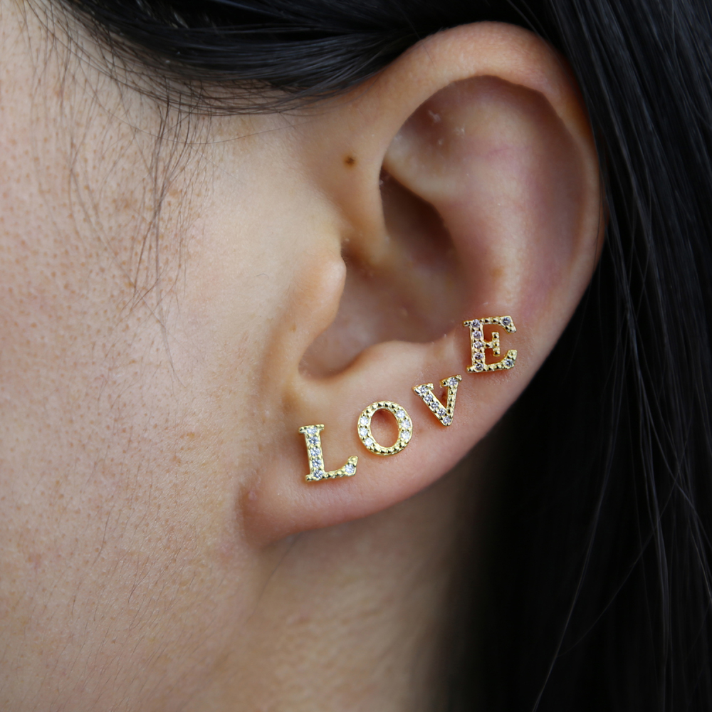 High Quality 1Pair of Cute Mini 925 Sterling Silver Geometric English Letters Stud Earrings for Women Gold Alphabet Zircon Studs Gift