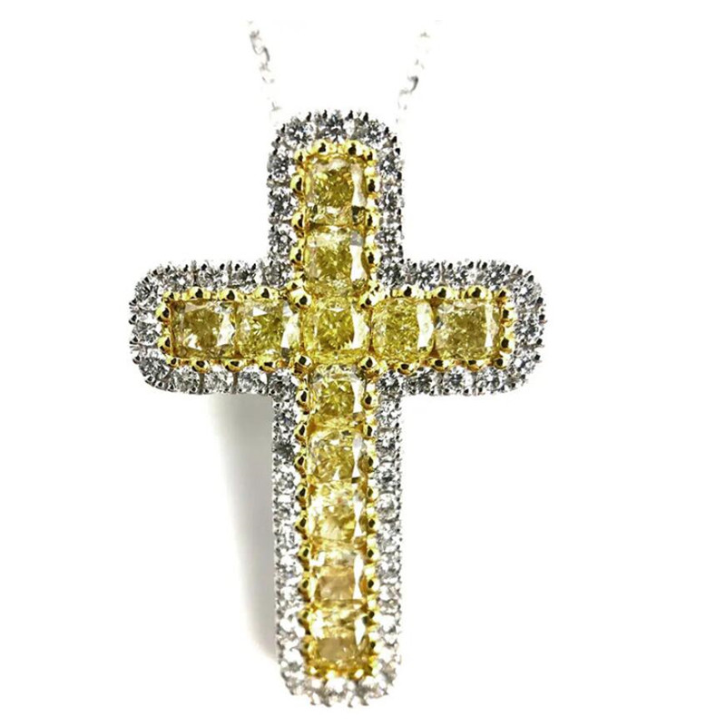 Hip Hop Vintage Sterg Sier Yellow Crystal Cross Pendant Necklace for Women 81fd