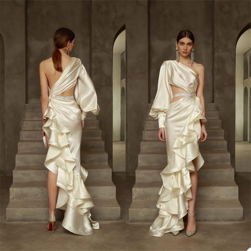 royal side split evening dresses ruffles satin silk long sleeves prom dress long sleeves fashion one shoulder custom made robe de soire